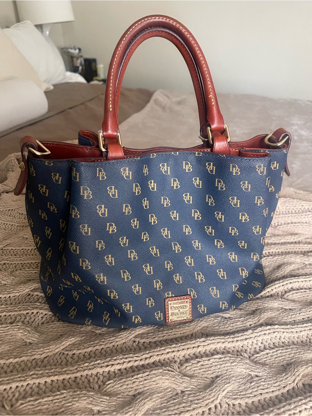 Dooney & Bourke Navy Logo Tote with Brown Leather Handles